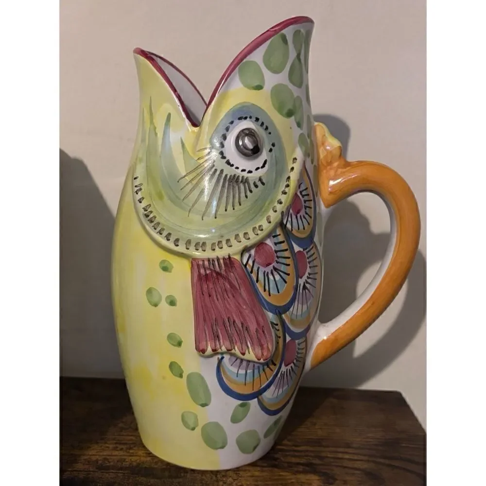 Vintage Solimene Vietri Italian Pottery Fish Pitcher/ Vase Hand Painted 10